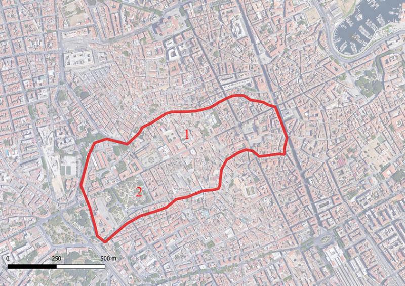 Palermo: 1. Montevrgini; 2: Piazza della Vittoria. In red: ancient town walls (© FIRS project)